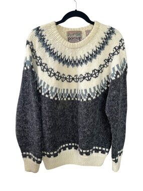 Vintage Portage Men's Handknit Crewneck Nordic Fair-Isle Sweater Cream Gray M